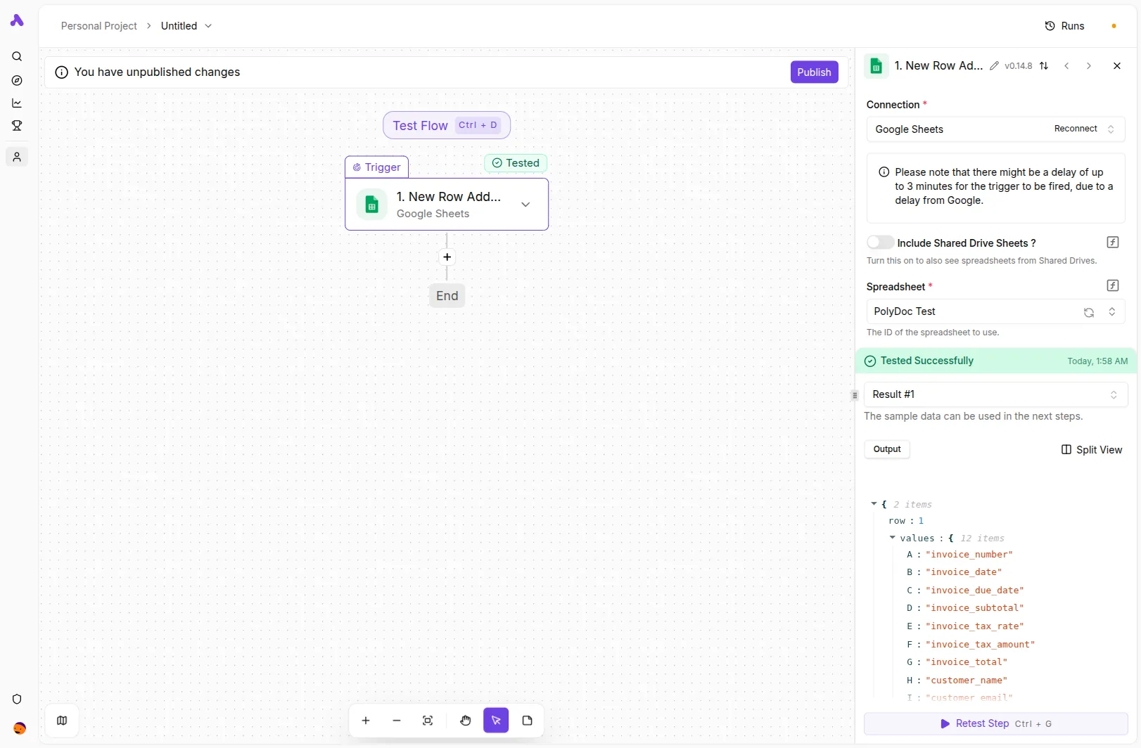 Activepieces Google Sheets New Row Added trigger configured against the invoices sheet, with one sample row loaded as test data