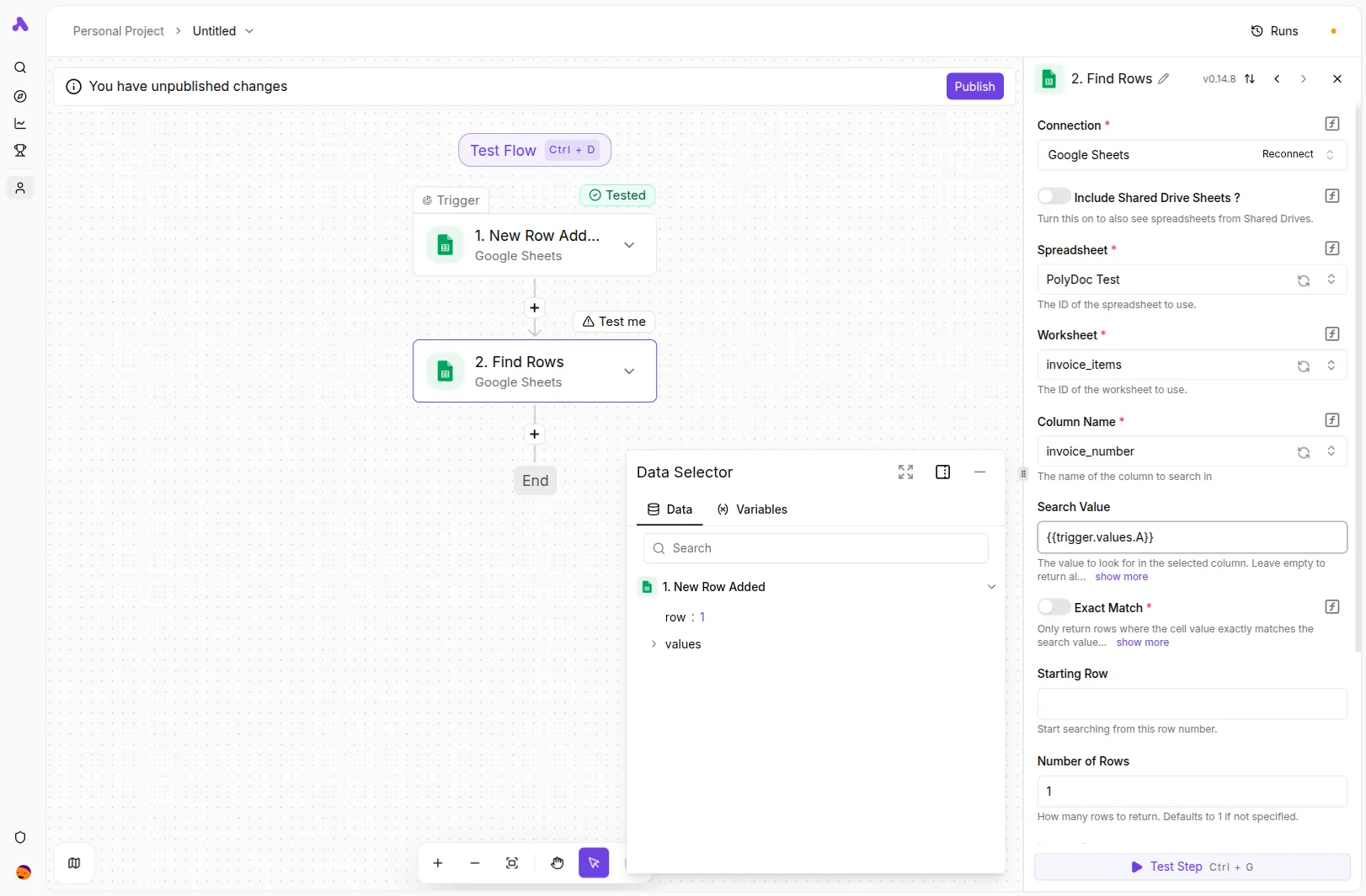 Activepieces Google Sheets Find Rows step filtering the invoice_items sheet where invoice_number equals the trigger row's invoice_number