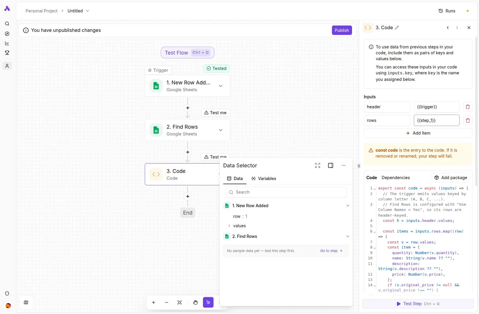 Activepieces Code step with the corrected payload - source is [template:...], templateData carries all 13 invoice fields, items is built from find_rows.rows with Number(...) casts on every numeric field