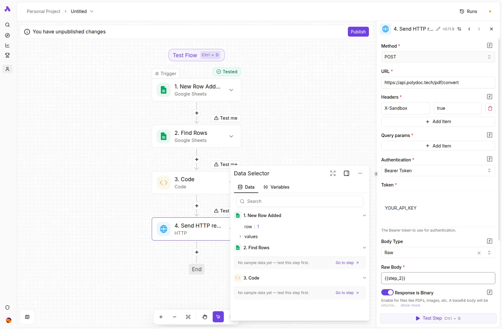 Activepieces HTTP Send HTTP request step configured for POST https://api.polydoc.tech/pdf/convert with Bearer auth, X-Sandbox: true header, Raw body bound to the Code step output, and Response is Binary set to Yes