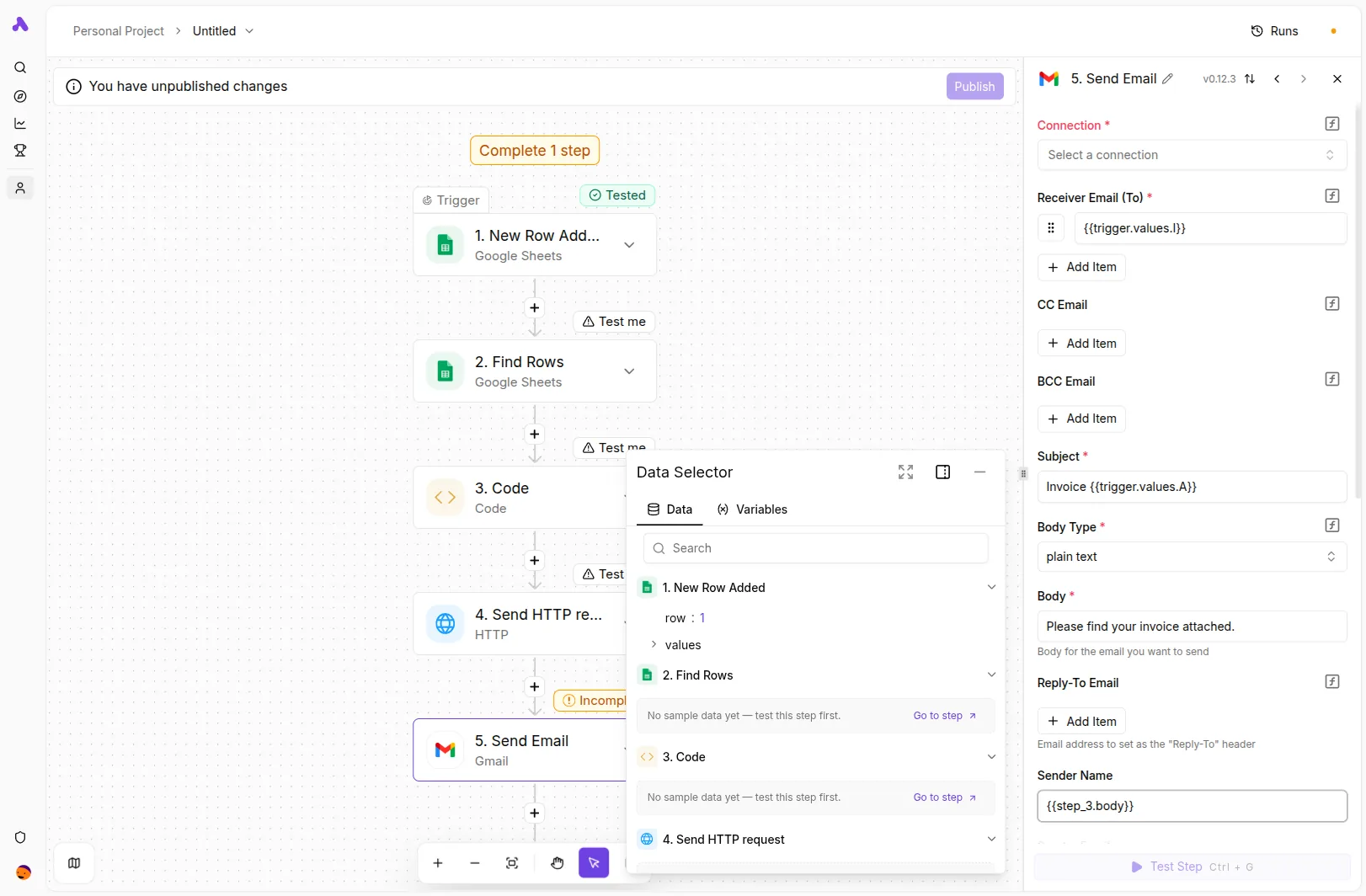 Activepieces Gmail Send Email step with To, Subject and Body bound to trigger fields and the Attachments field bound to the PolyDoc HTTP step's binary file output