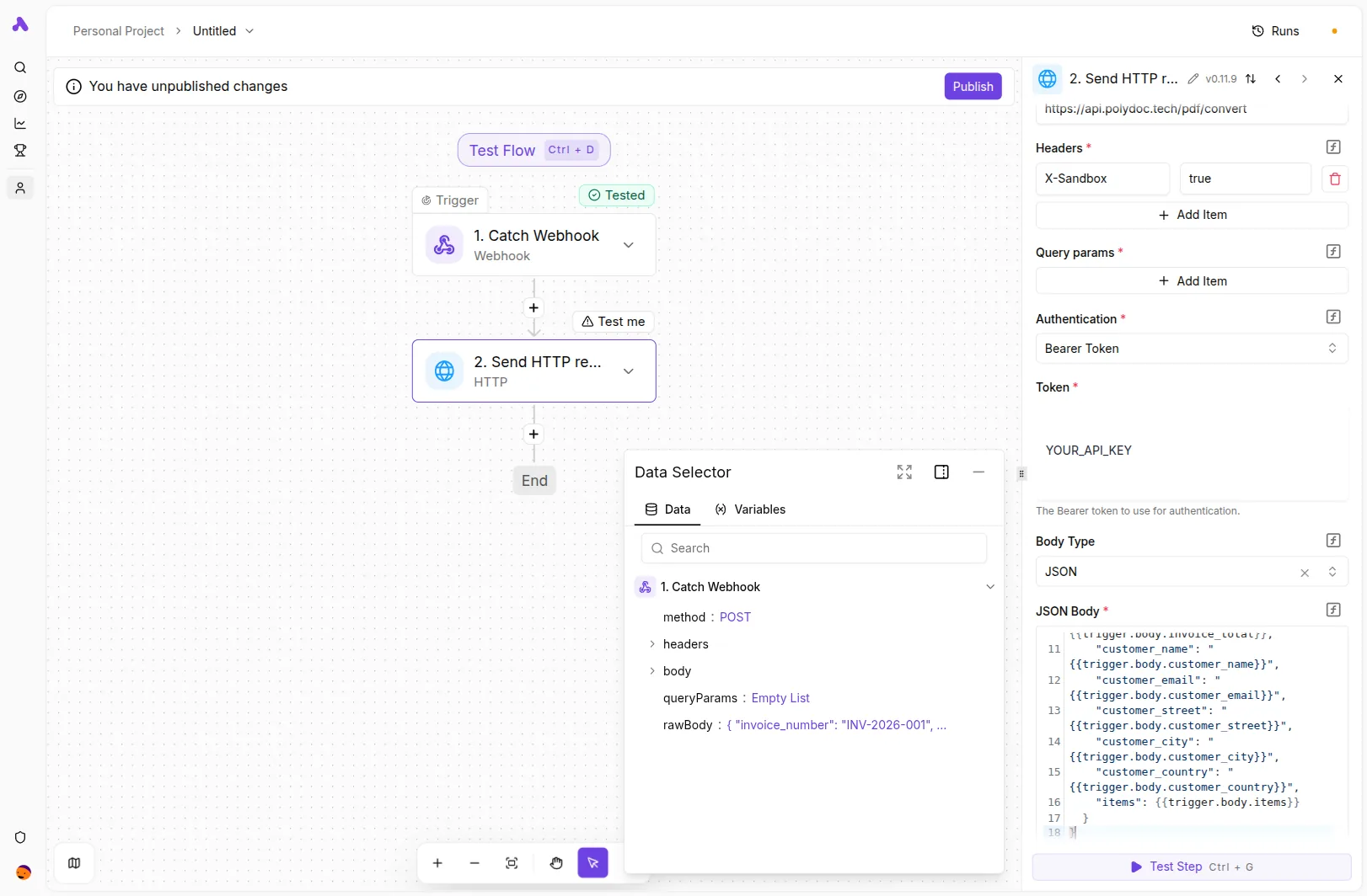 Activepieces HTTP Send HTTP request step with Body Type set to JSON and the corrected templateData body visible - quoted text bindings, unquoted numeric bindings, unquoted items array