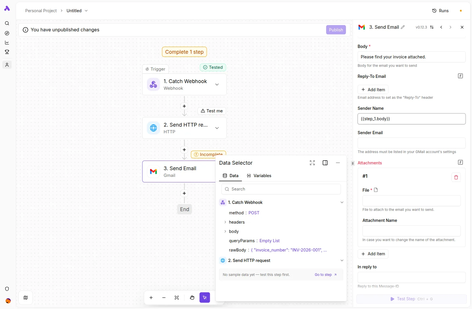 Activepieces Gmail Send Email step for the webhook flow, with To/Subject/Body bound to the webhook payload and Attachments bound to the PolyDoc HTTP step's binary file output