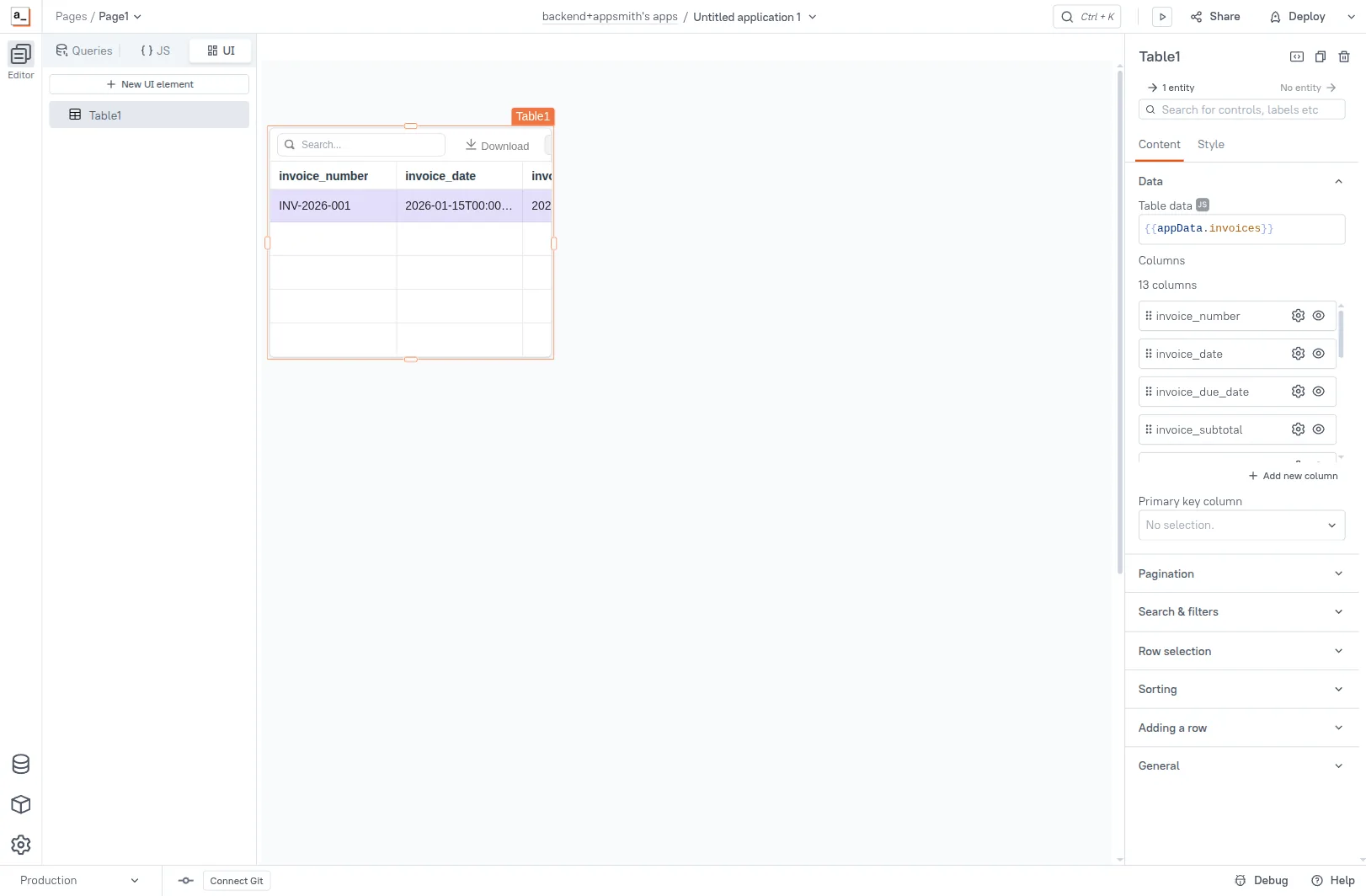 appData JS Object feeding the Table widget — the seeded invoice row renders with 13 columns auto-detected