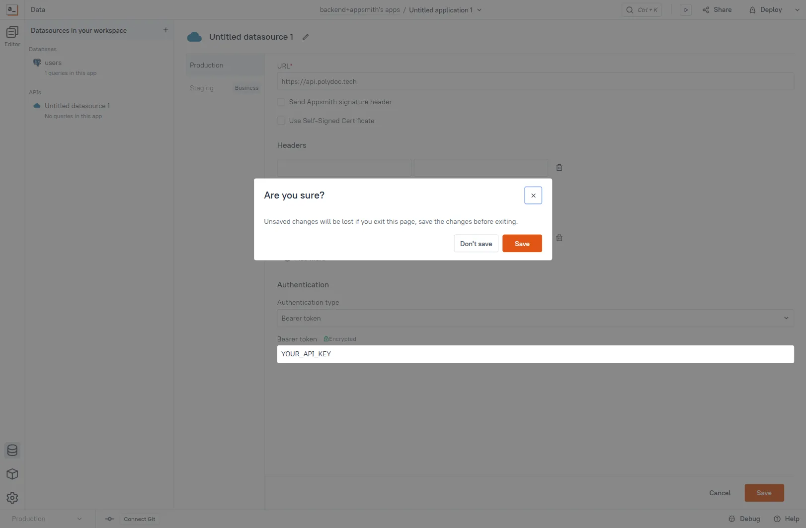 Authenticated API datasource form with URL https://api.polydoc.tech, Authentication type set to Bearer token, and the API key redacted as YOUR_API_KEY