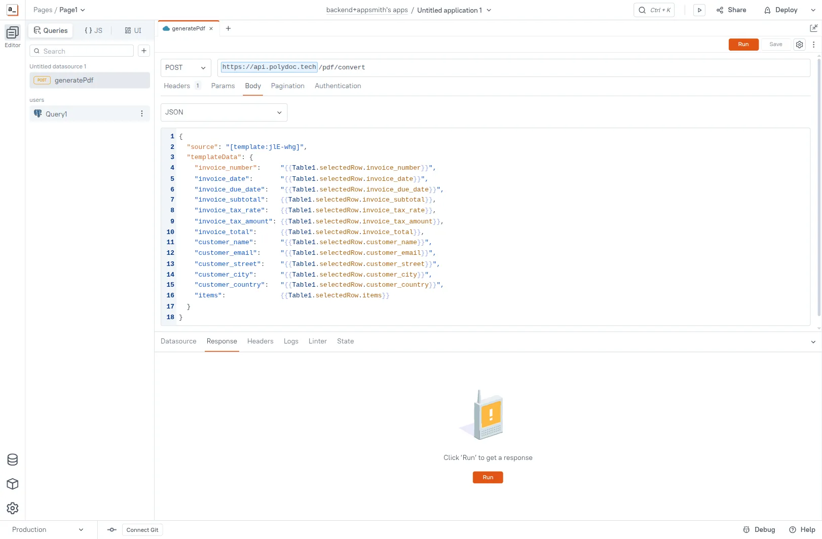 generatePdf query: POST https://api.polydoc.tech/pdf/convert with the corrected JSON body — source as a string template reference, templateData wrapping all 13 fields, items bound to Table1.selectedRow.items