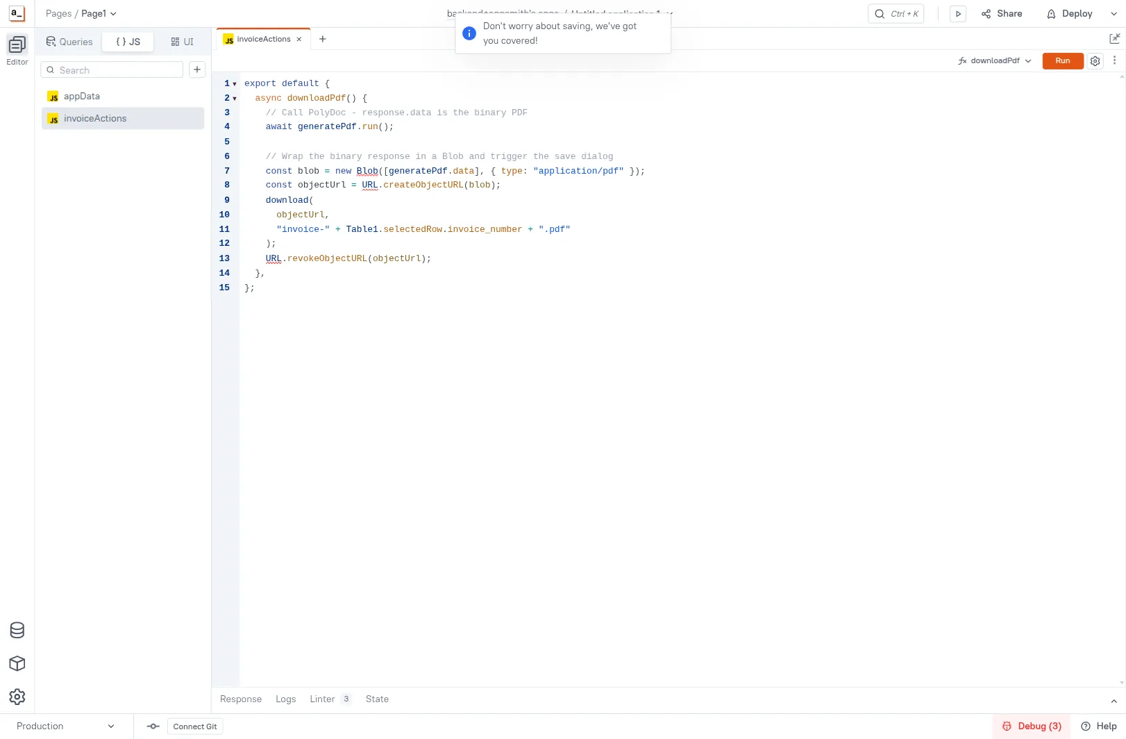 invoiceActions JS Object with the downloadPdf function — runs generatePdf, wraps the binary response in a Blob, and calls the built-in download() utility