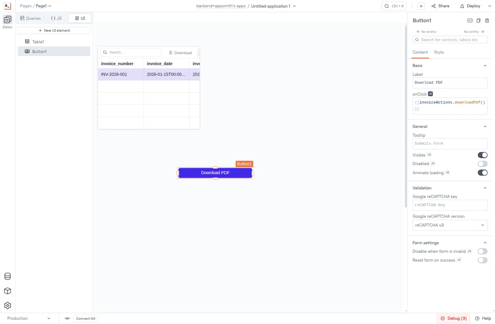 Button widget labeled Download PDF on the canvas next to the Table; the property pane on the right shows onClick bound to {{invoiceActions.downloadPdf()}}