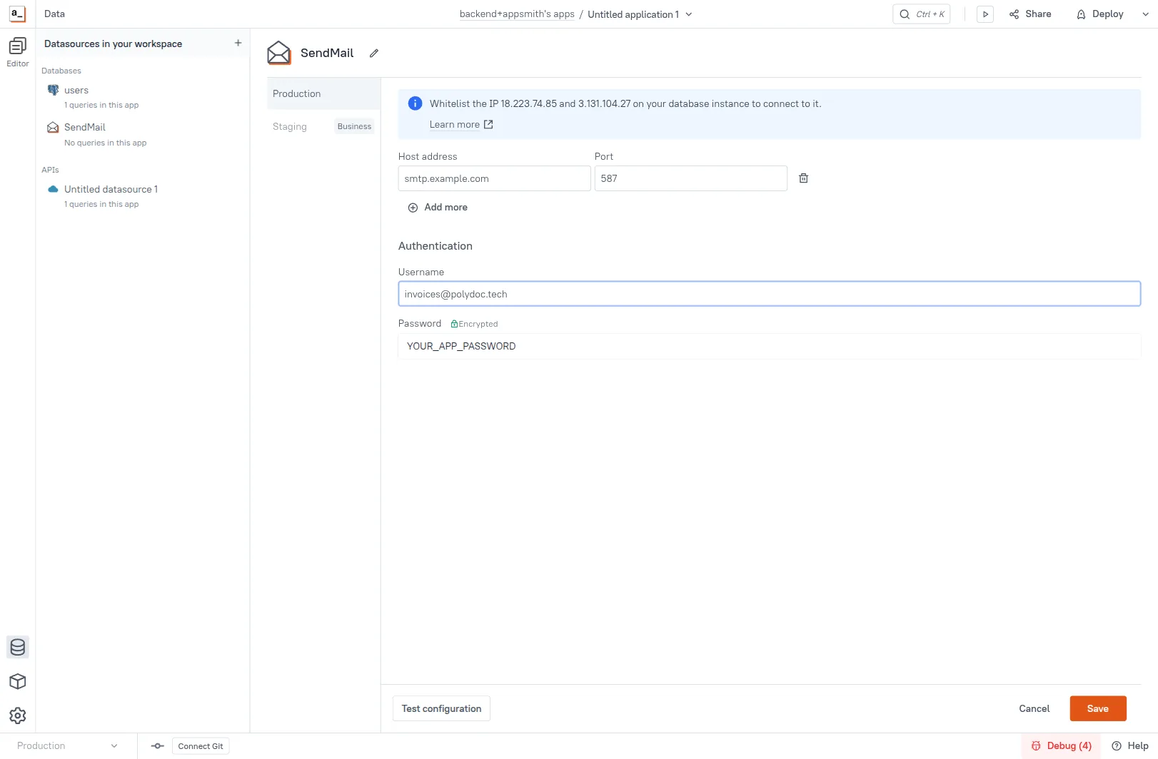SMTP datasource form named SendMail with host, port 587, username filled in and the password redacted as YOUR_APP_PASSWORD