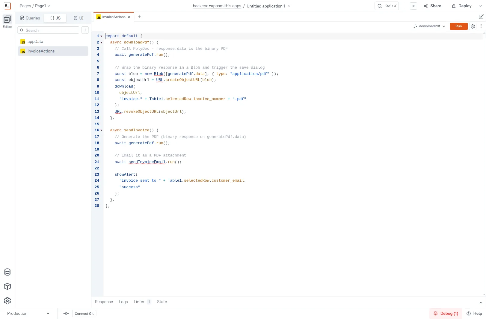 invoiceActions JS Object with both downloadPdf and sendInvoice functions side by side — sendInvoice runs generatePdf, then sendInvoiceEmail, then showAlert