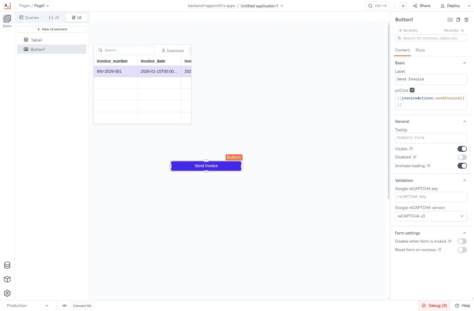 Send Invoice Button widget with onClick bound to {{invoiceActions.sendInvoice()}} — same wiring pattern as the Download PDF button in Step 5