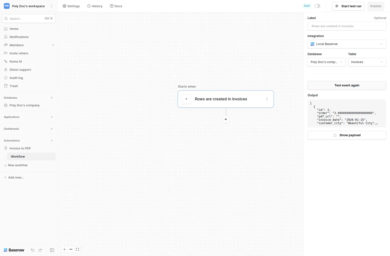 Baserow automation editor with the Rows are created trigger configured on the invoices table