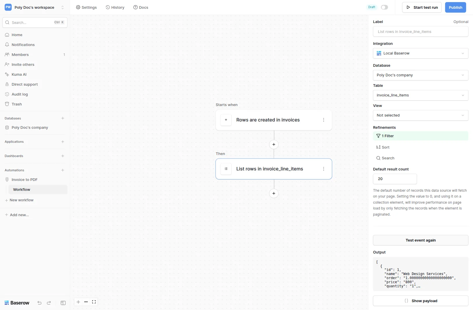 Baserow List multiple rows action filtering invoice_line_items by the trigger invoice_number