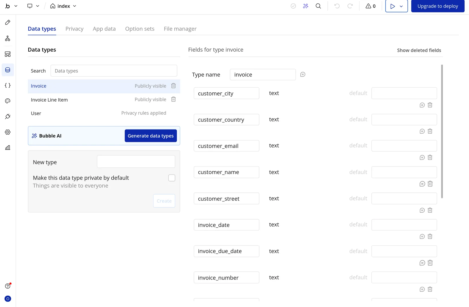 Bubble.io Data types tab - Invoice type with customer and invoice fields