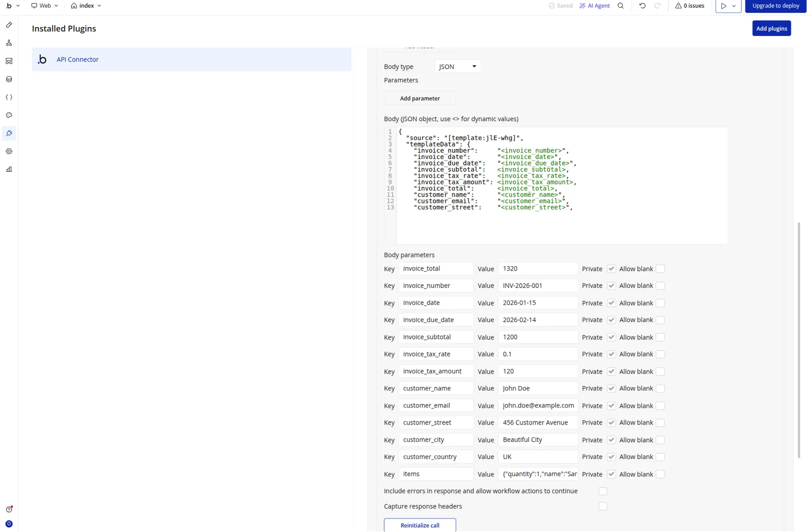 Bubble.io API Connector - PolyDoc - Generate PDF call configured with POST, three headers, JSON body using source + templateData, and 13 initialized parameters