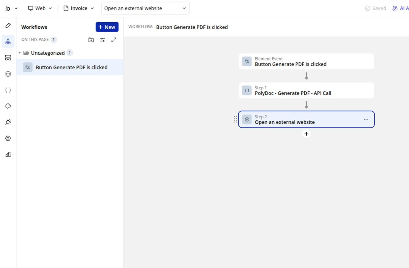 Bubble.io workflow editor - Button Generate PDF is clicked event with Step 1 PolyDoc - Generate PDF - API Call action