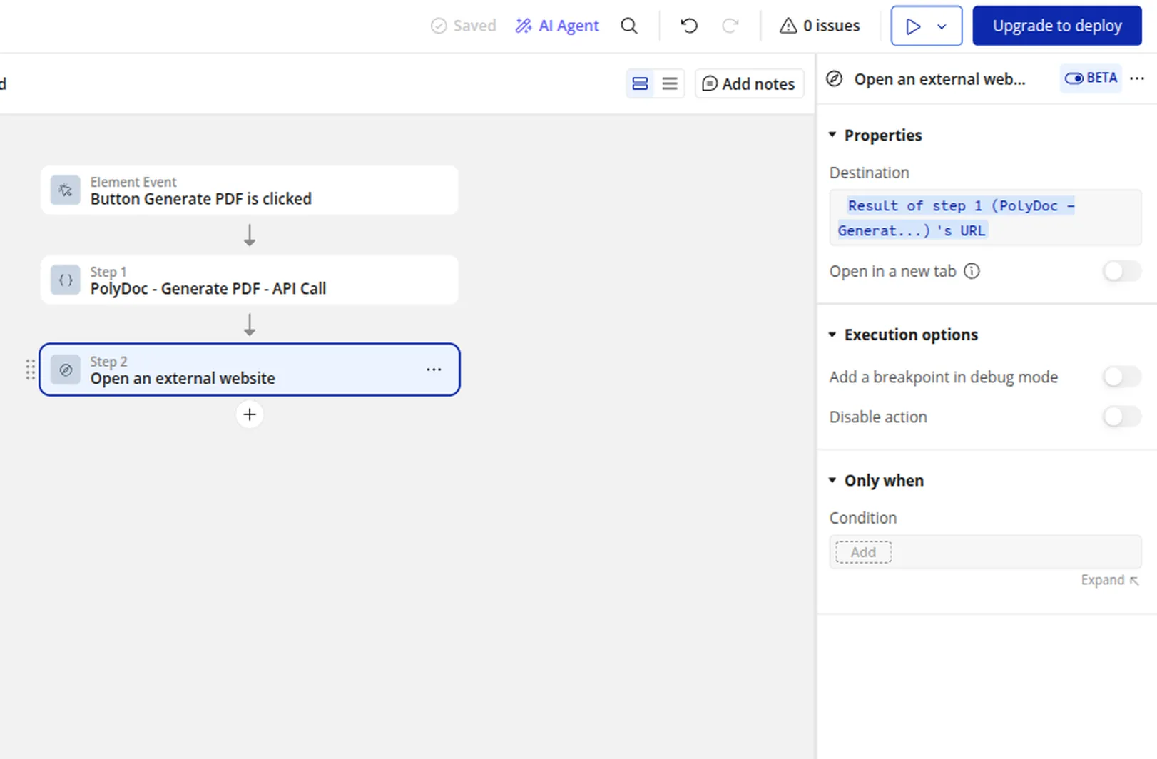 Bubble.io workflow editor - Open an external website action with Destination set to Result of step 1 (PolyDoc - Generate PDF)'s URL