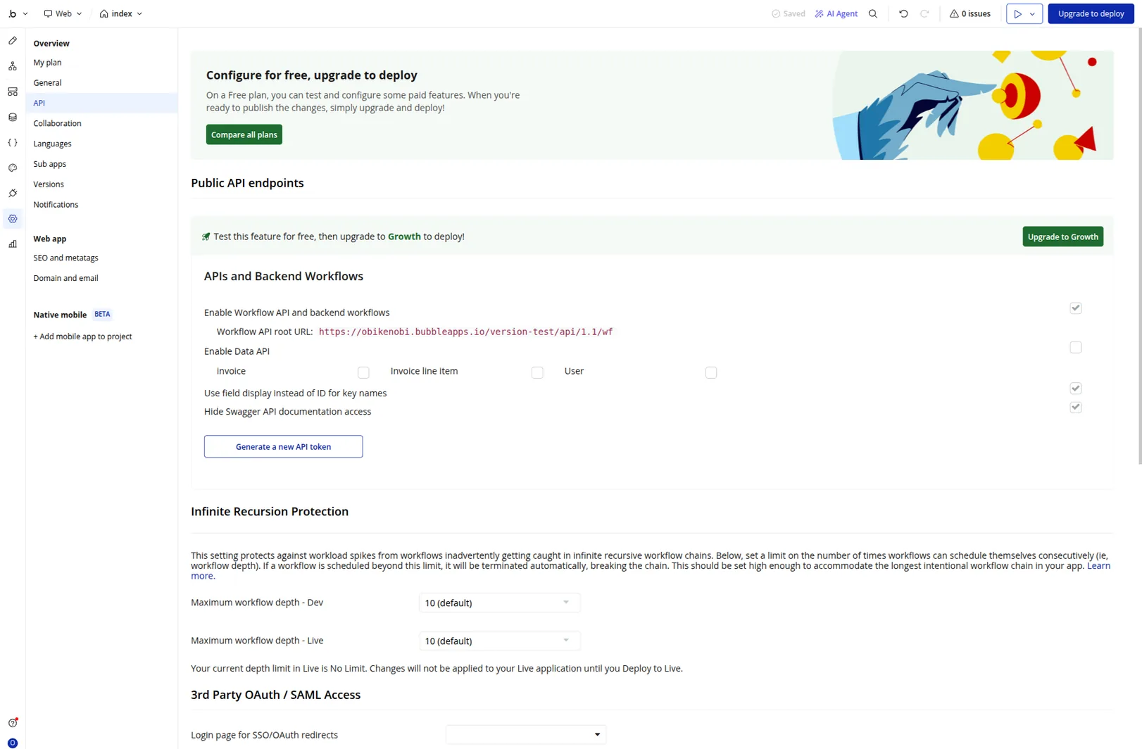 Bubble.io Settings → API page - Enable Workflow API and backend workflows toggle ticked, Workflow API root URL shown