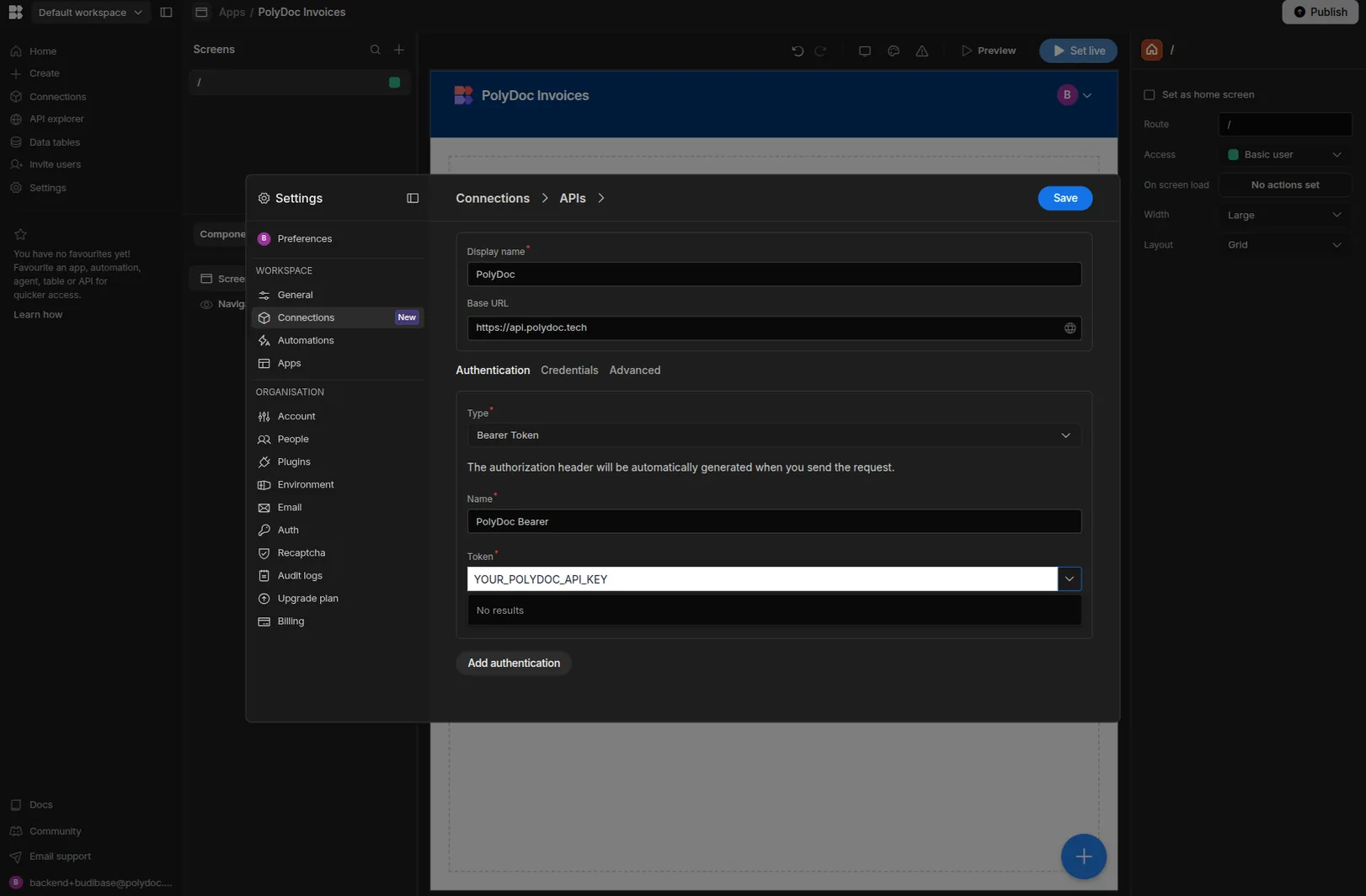 Budibase Settings → Connections → APIs - PolyDoc custom REST connection with base URL https://api.polydoc.tech and a Bearer Token authentication entry named PolyDoc Bearer (token redacted)