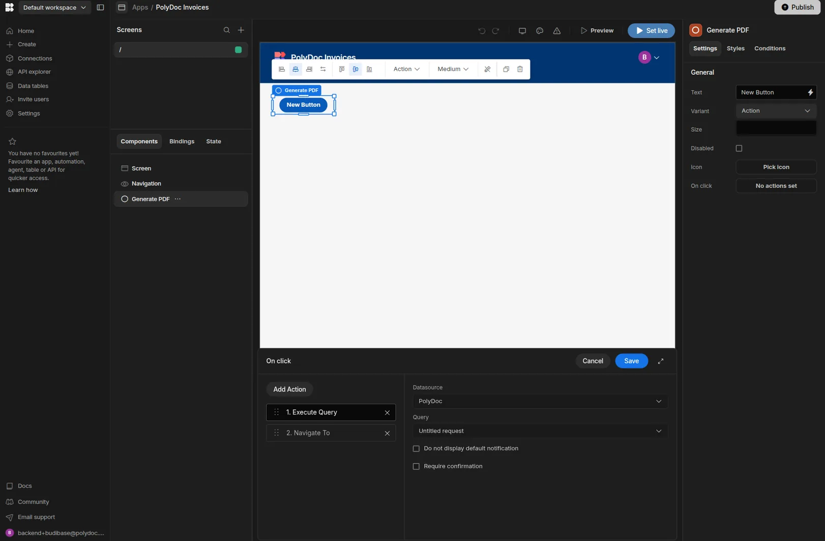 Budibase Design view - Generate PDF button on the screen with the On click drawer open showing chained actions: 1. Execute Query (selected, with Datasource = PolyDoc and Query picker), 2. Navigate To