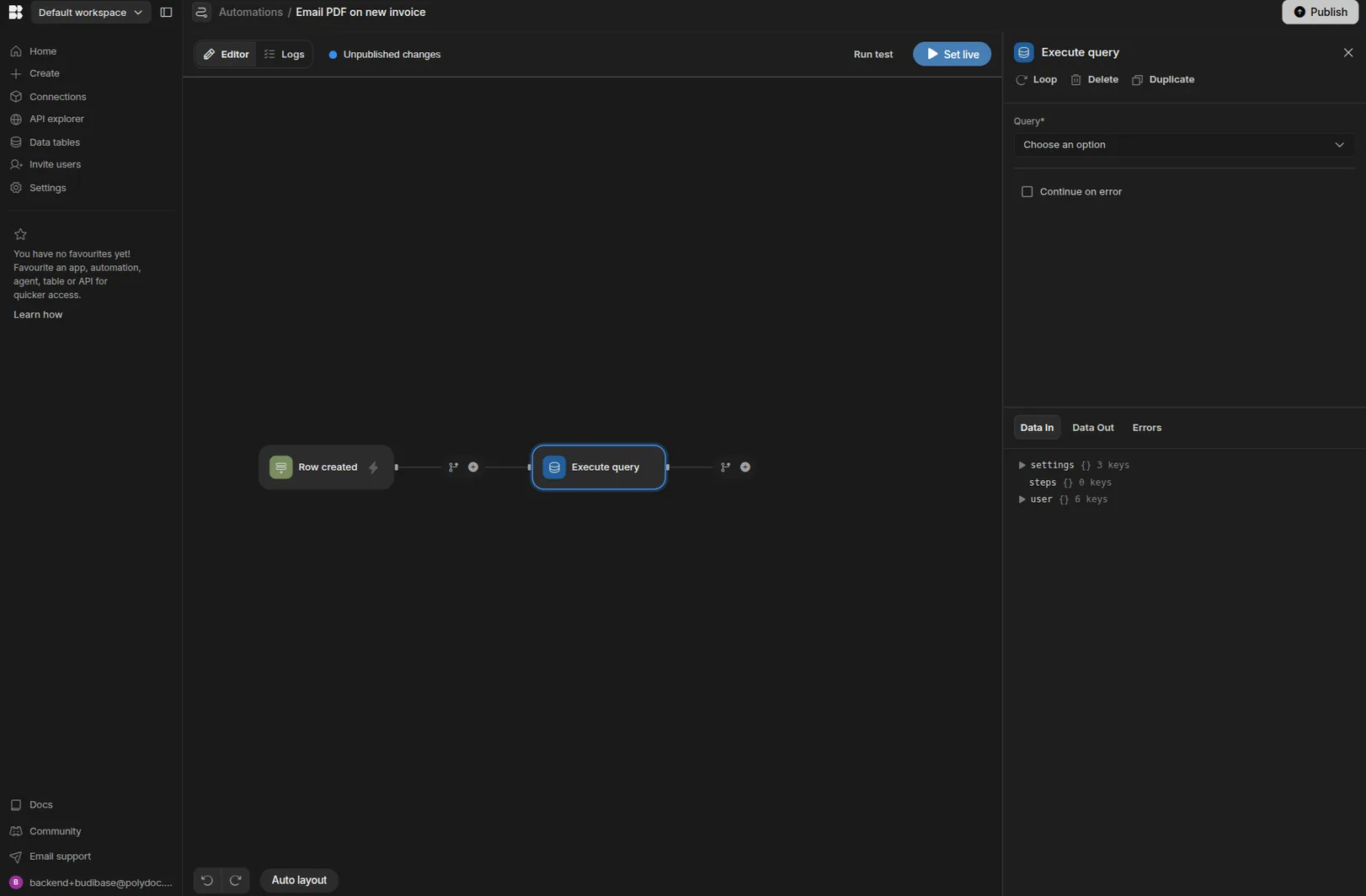 Budibase automation editor - Row created trigger followed by an Execute query step (selected) showing the right-side config panel with Query picker and the Data In tab listing settings, steps, and user keys available as bindings