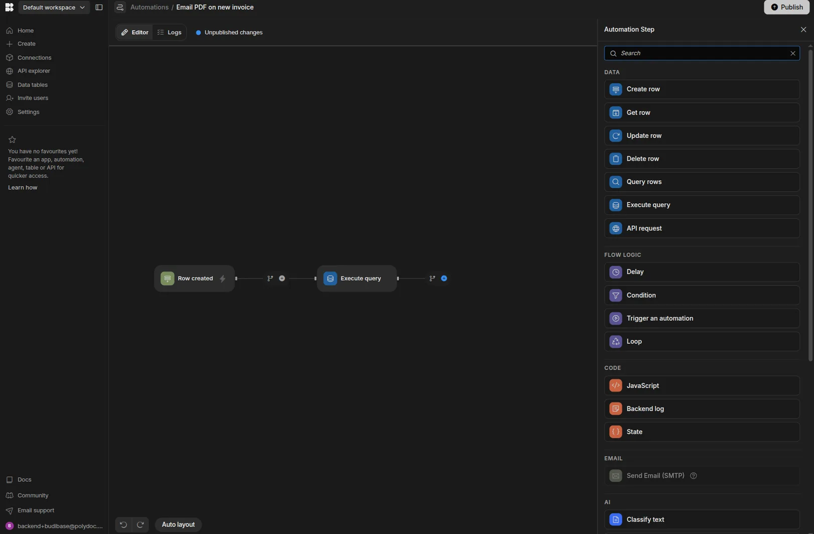 Budibase automation editor with the step picker open - DATA, FLOW LOGIC, CODE and EMAIL categories visible; Send Email (SMTP) appears at the bottom in the Email category, greyed out until workspace SMTP is configured