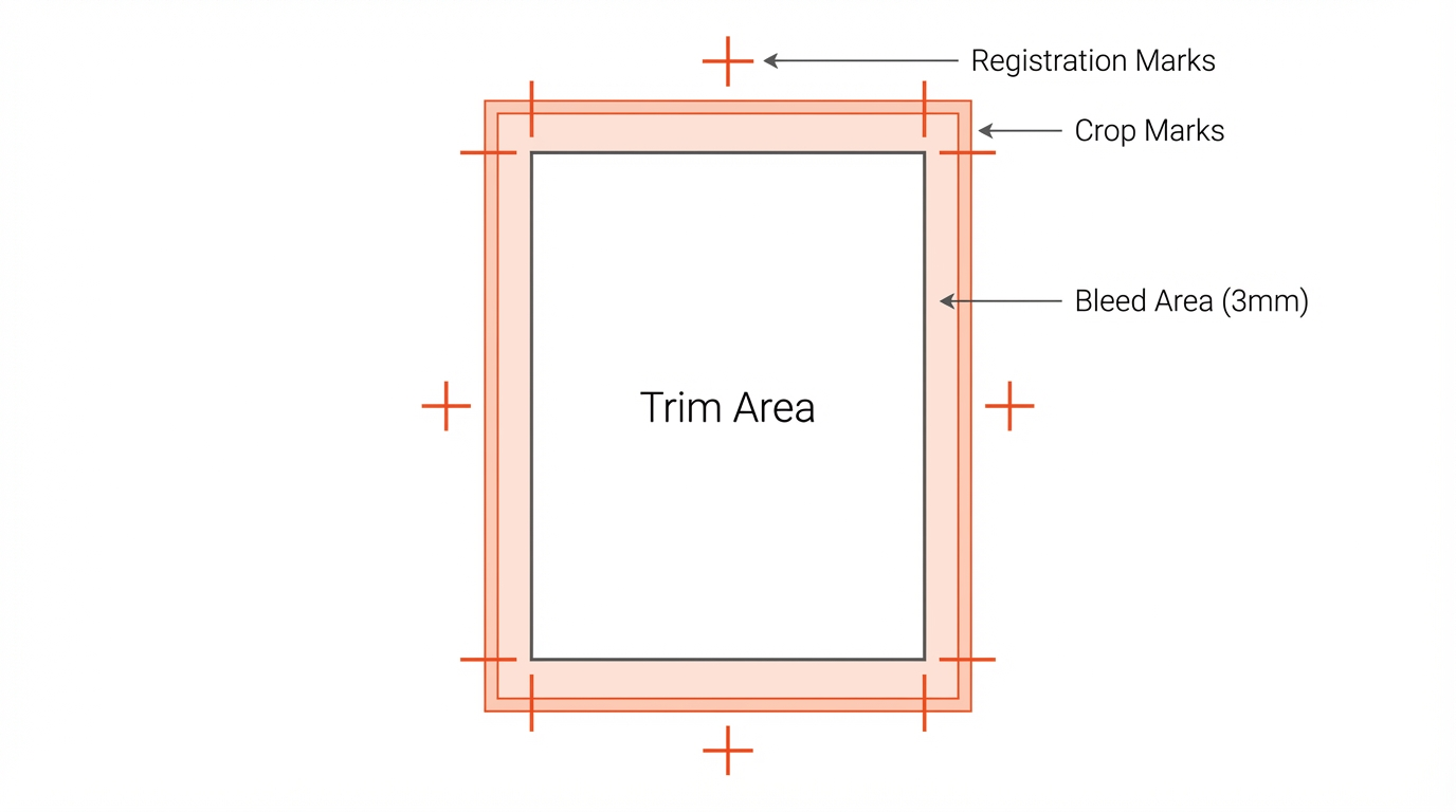 Diagram showing bleed area and crop marks around a page