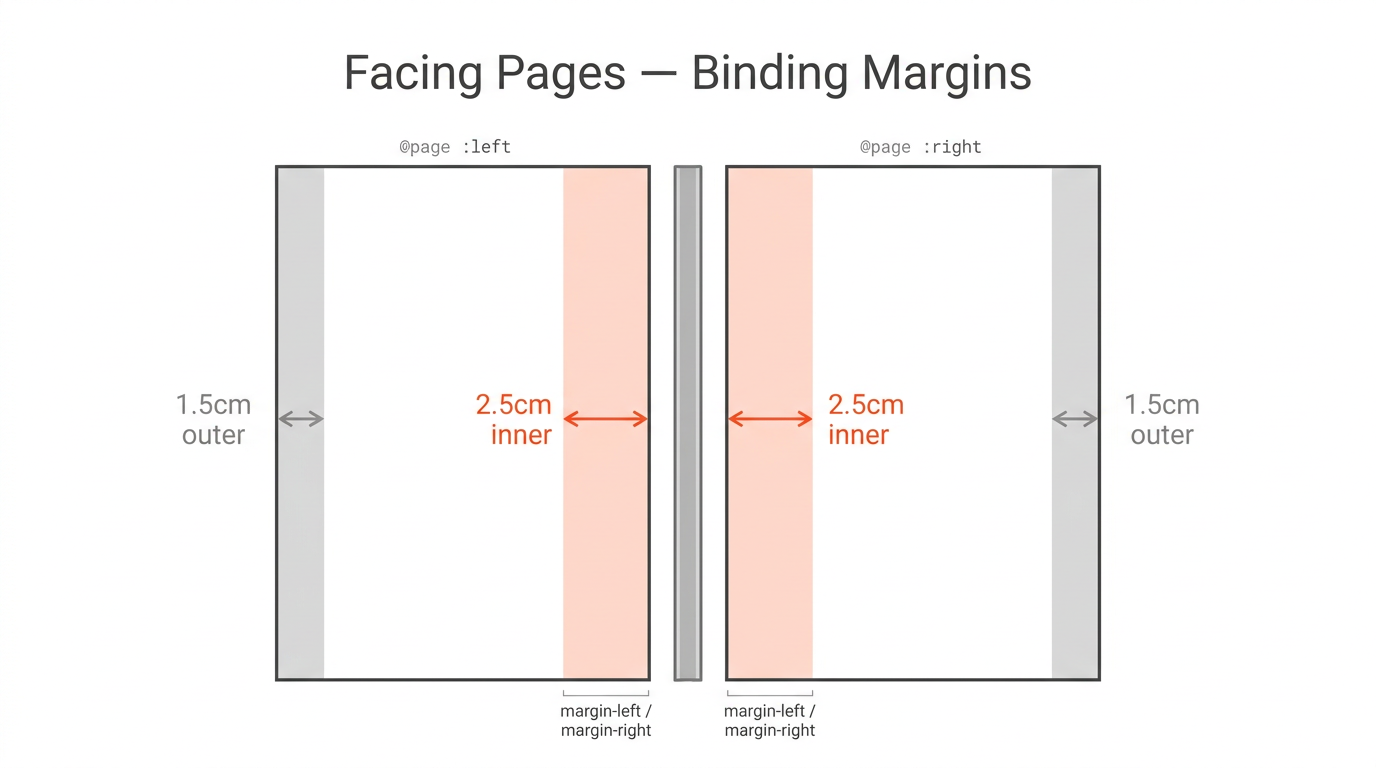 Diagram showing facing left and right pages with wider inner binding margins highlighted