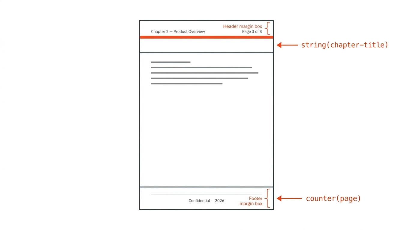 Diagram showing a page with a running header (chapter title) in the top margin box and a page counter in the footer margin box