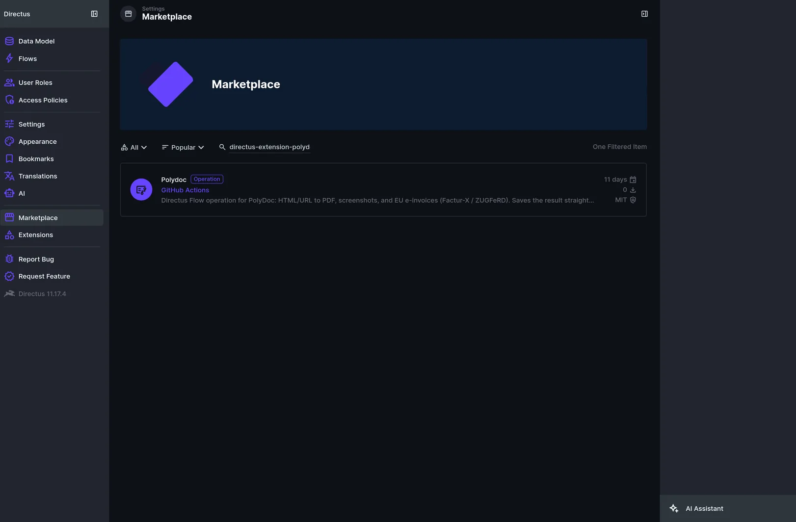Directus Marketplace search results with the PolyDoc operation extension listed