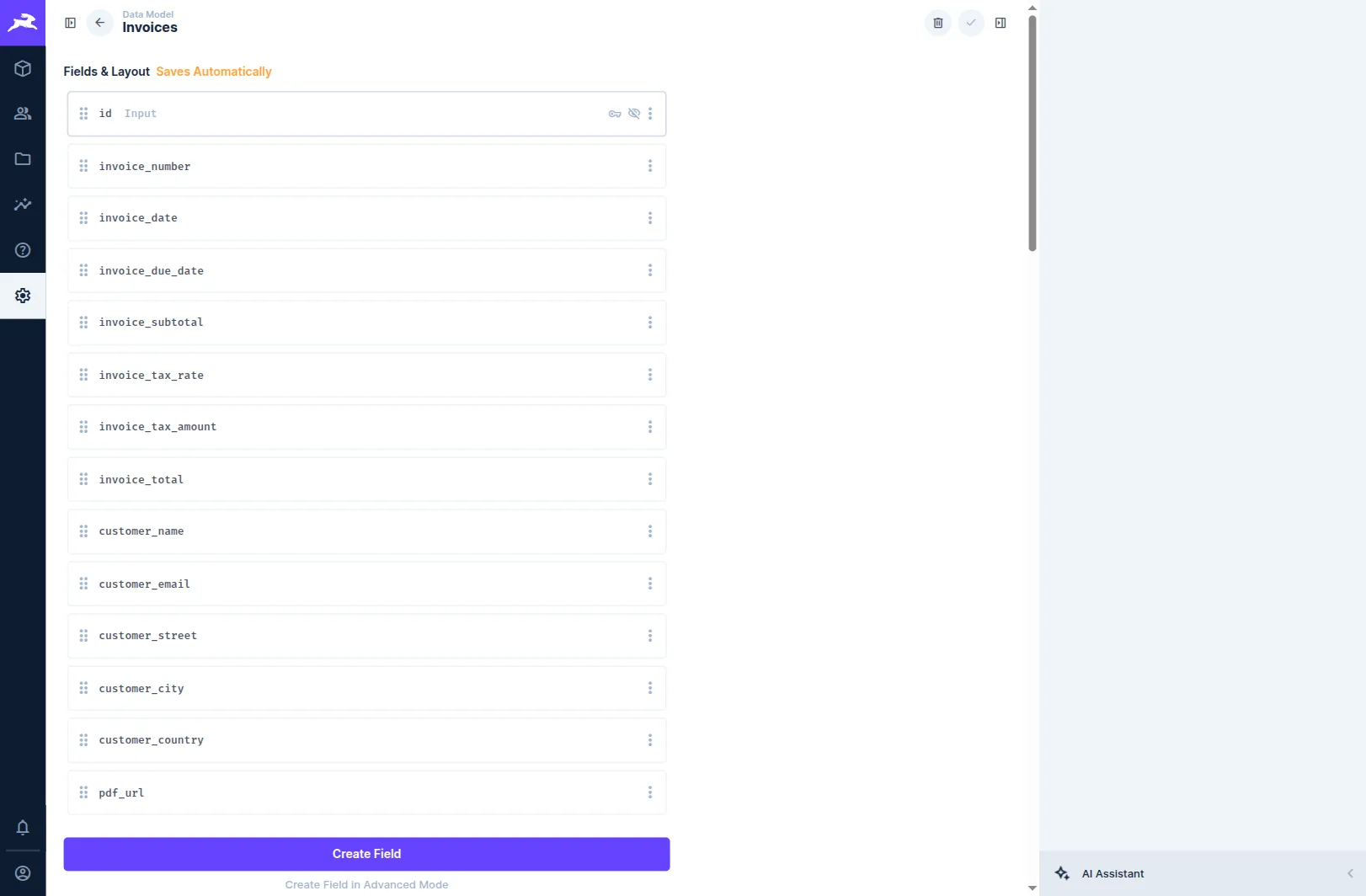The invoices collection in the Directus Data Model settings, showing the invoice_number, date, subtotal, tax, total and customer_* fields plus the pdf_url field.