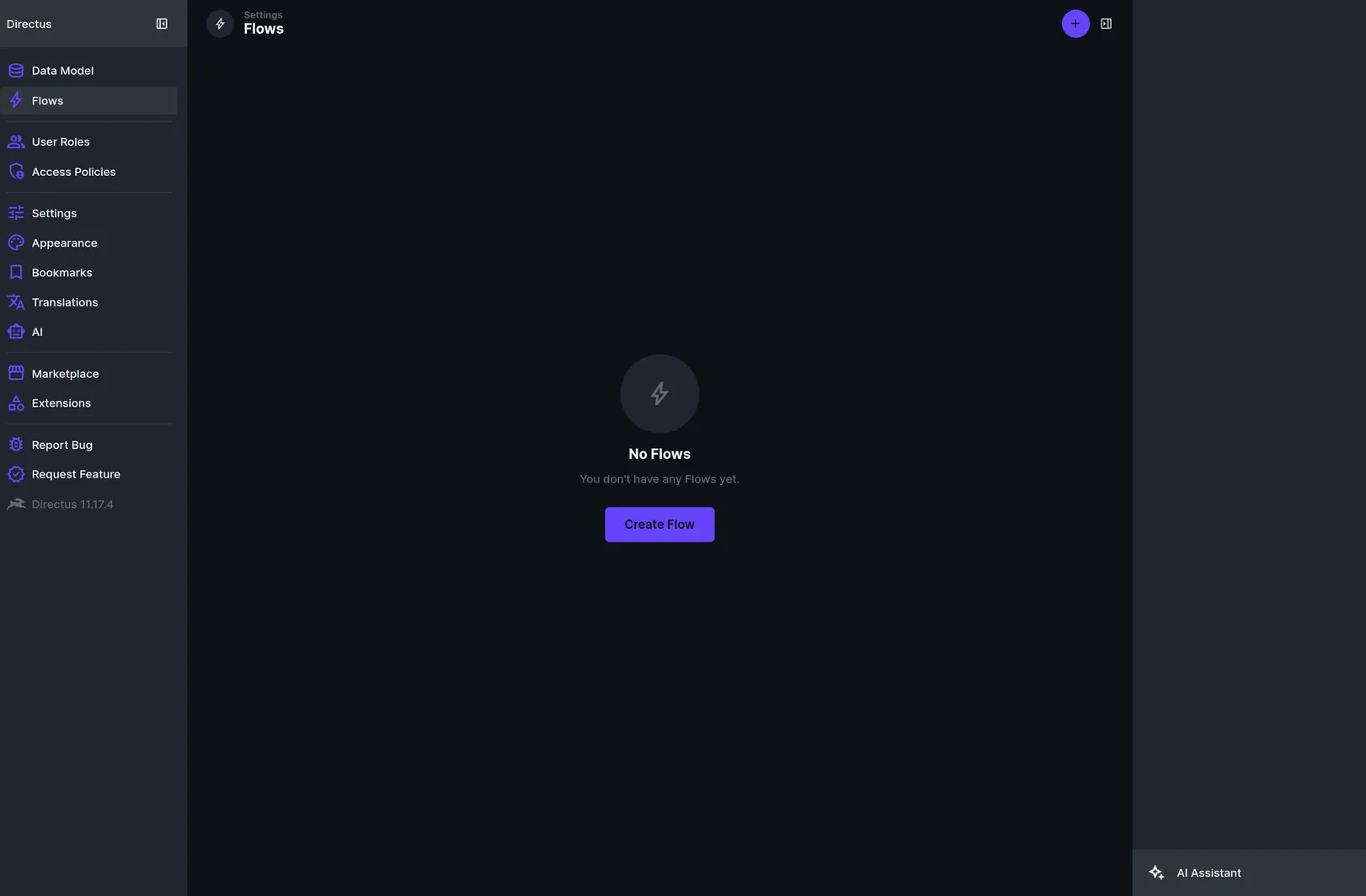 Directus Flows settings with the Create Flow button on an empty Flows list