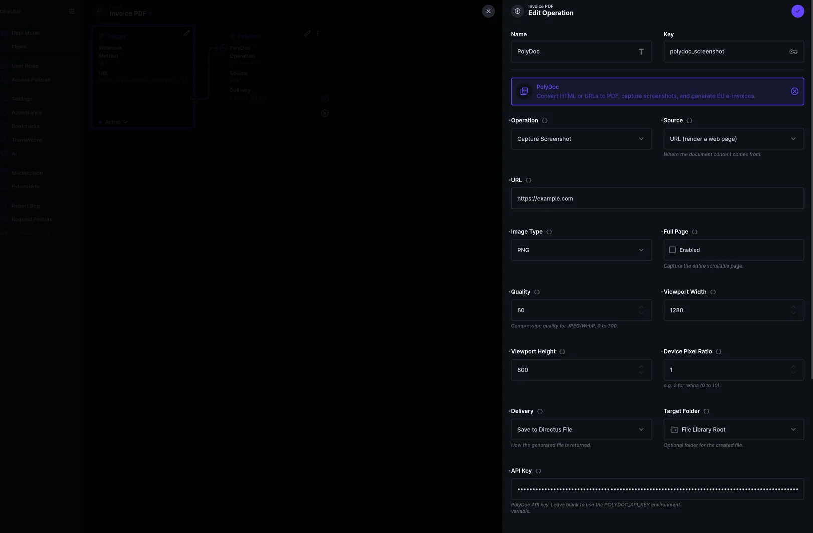 PolyDoc operation configured for Capture Screenshot from a URL, with PNG image type and viewport settings