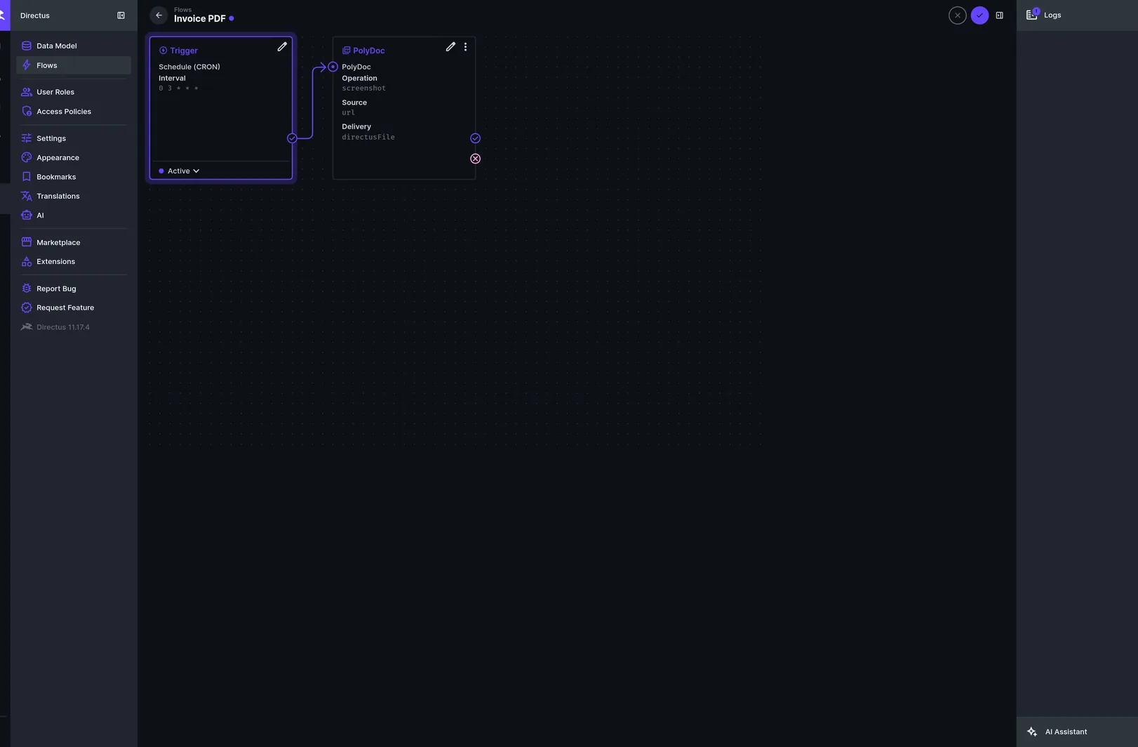 Directus flow canvas with a Schedule (CRON) trigger into the PolyDoc operation, run succeeded