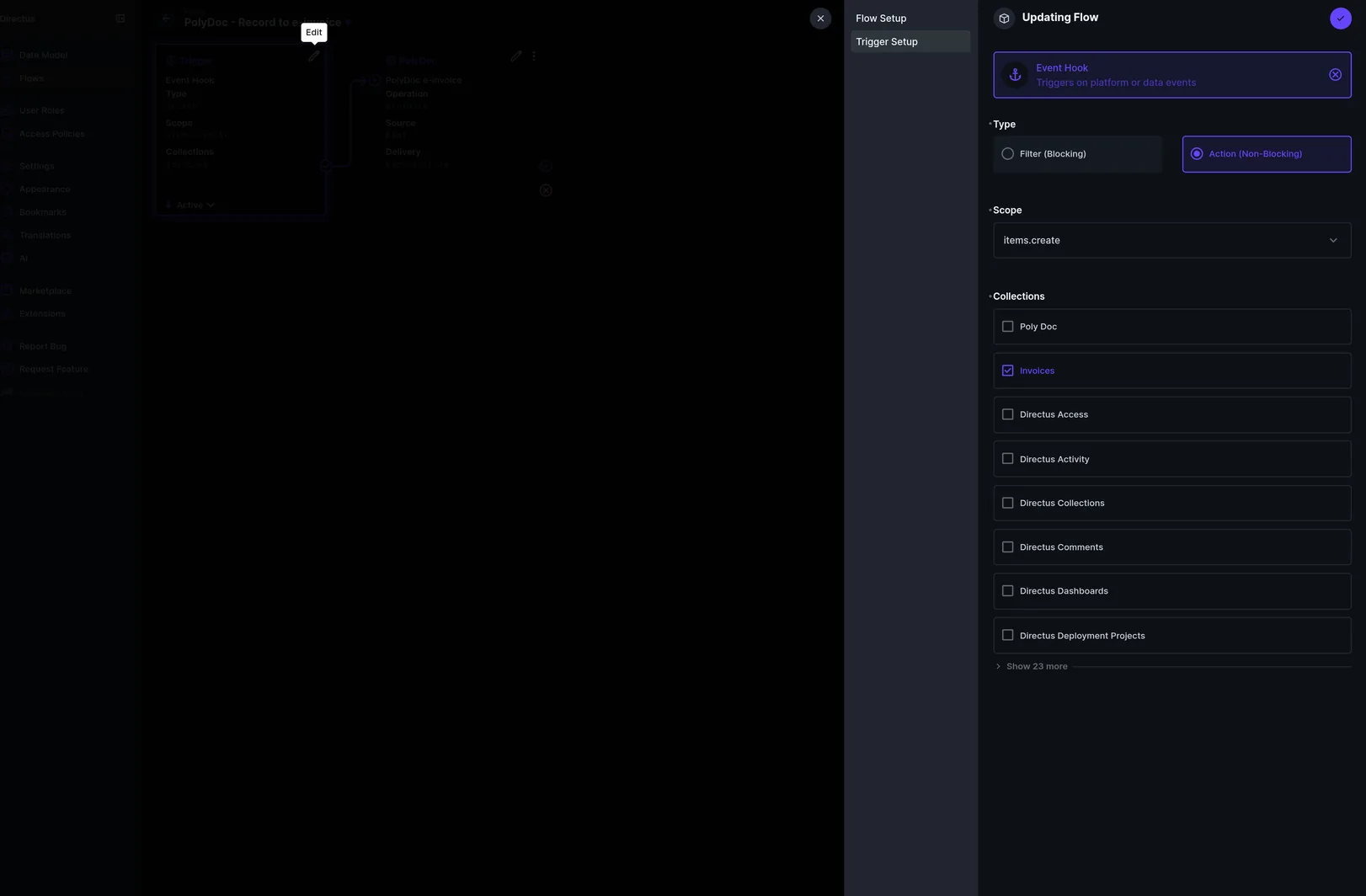 Directus Event Hook trigger set to Action (Non-Blocking), scope items.create, scoped to the Invoices collection