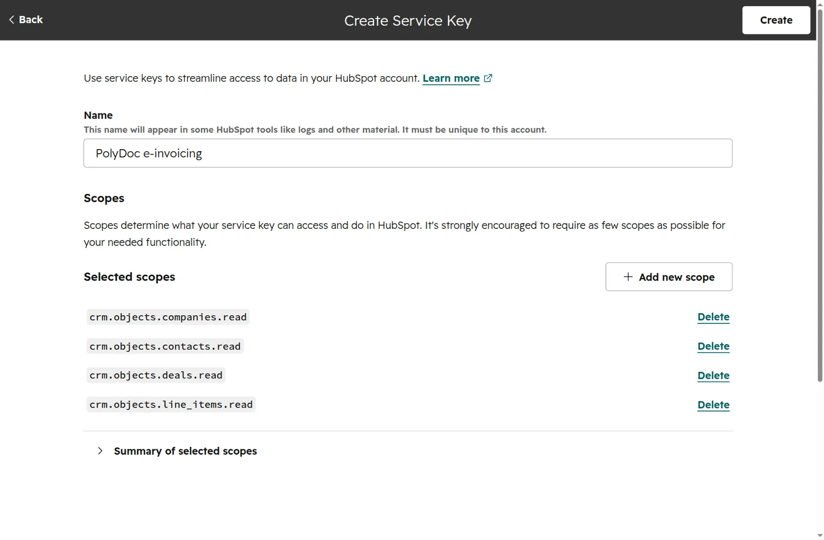 HubSpot Create Service Key dialog with the CRM read scopes for deals, line items, contacts, and companies selected.