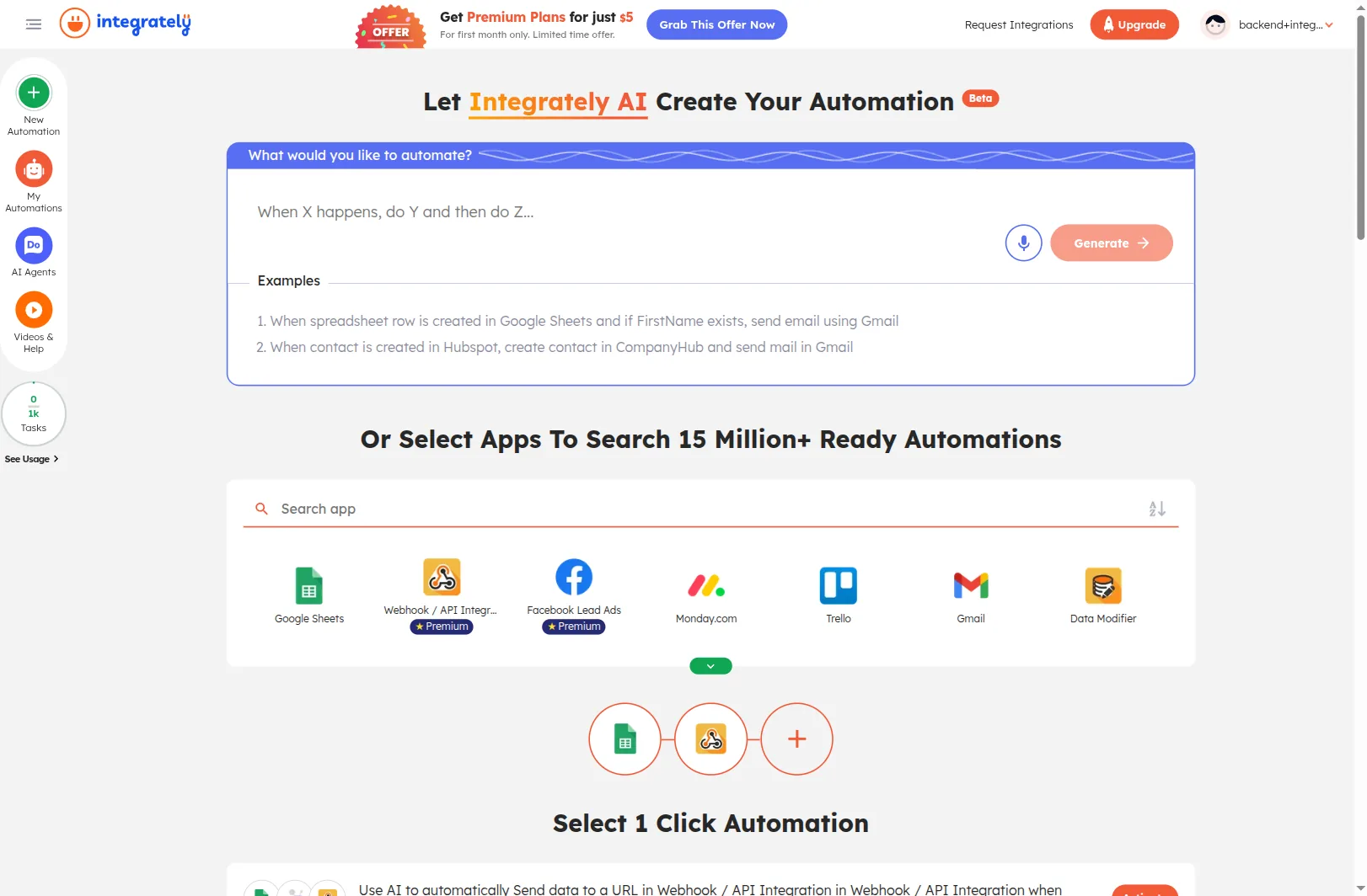 Integrately /explore-automations with Google Sheets and Webhook / API Integration selected as the app pair; the matching ready automations list below