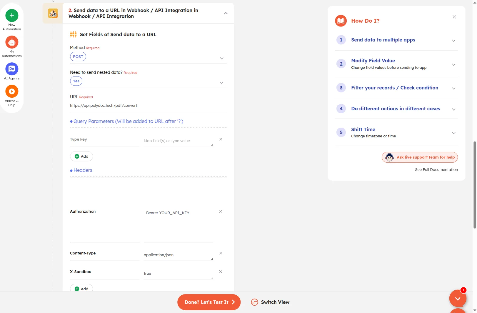 Webhook / API Integration action step configured: Method POST, Need to send nested data Yes, URL https://api.polydoc.tech/pdf/convert, three headers (Authorization Bearer YOUR_API_KEY, Content-Type application/json, X-Sandbox true)
