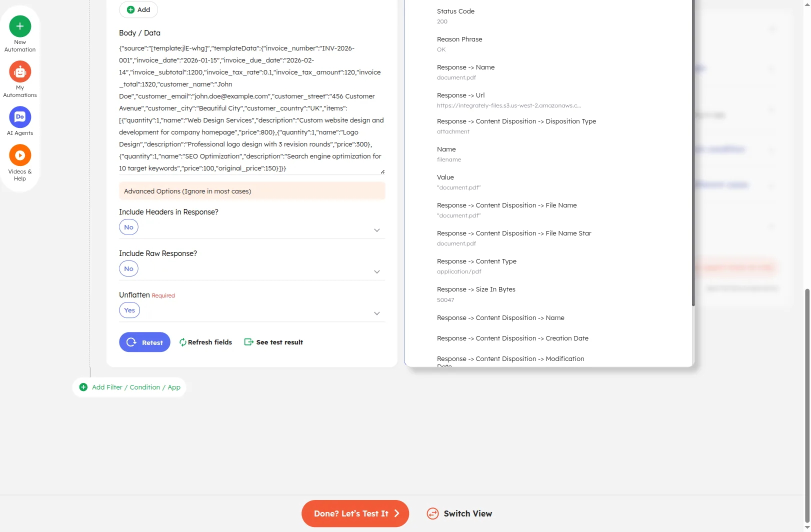 Webhook step after Test It: the button shows Retest and a See test result link, and the response panel on the right lists PolyDoc's response fields (Status Code, Response | ContentDisposition | File Name, …)
