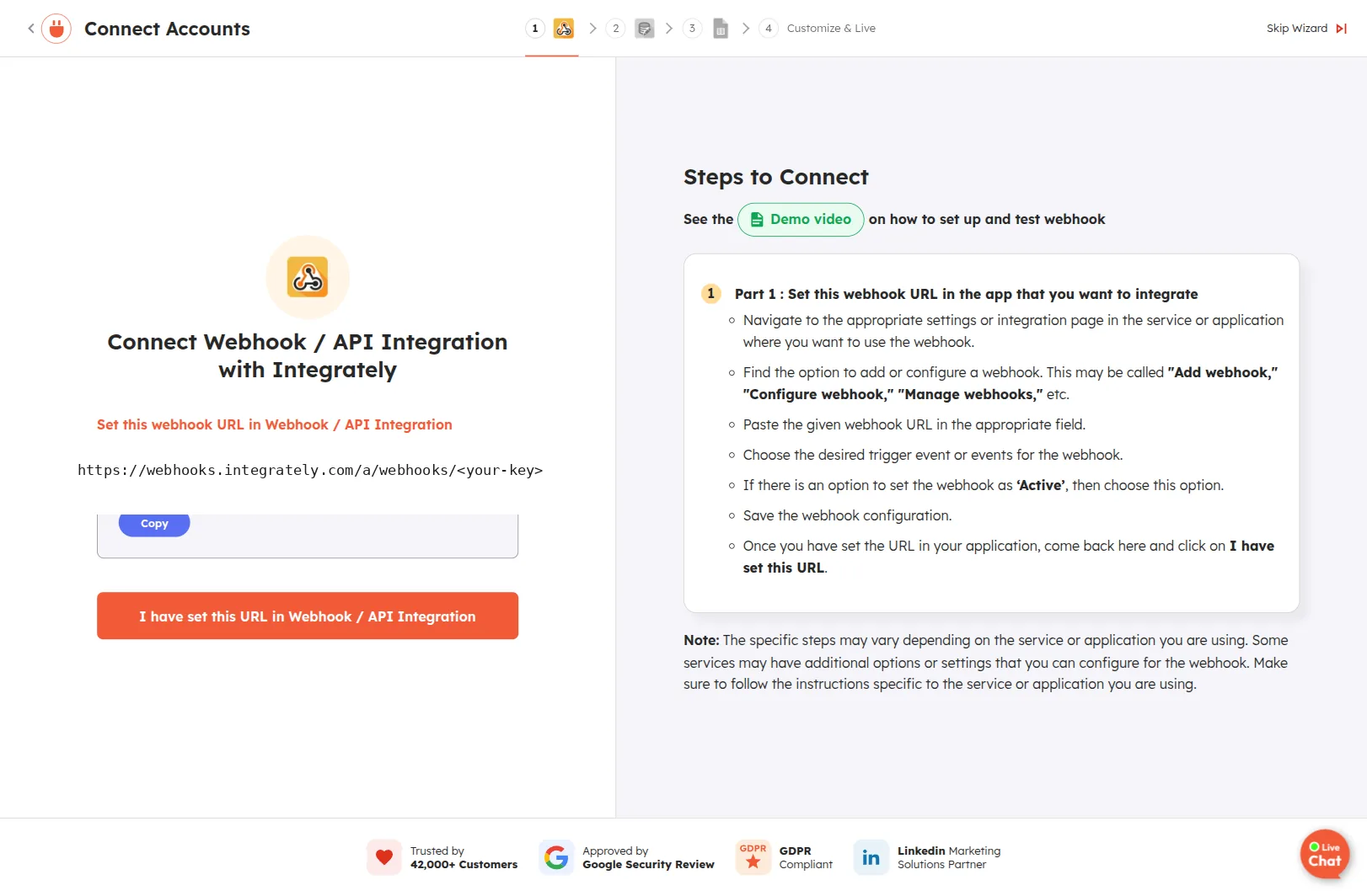 Integrately Connect Webhook / API Integration screen showing the unique catch URL (https://webhooks.integrately.com/a/webhooks/<your-key>) ready to copy