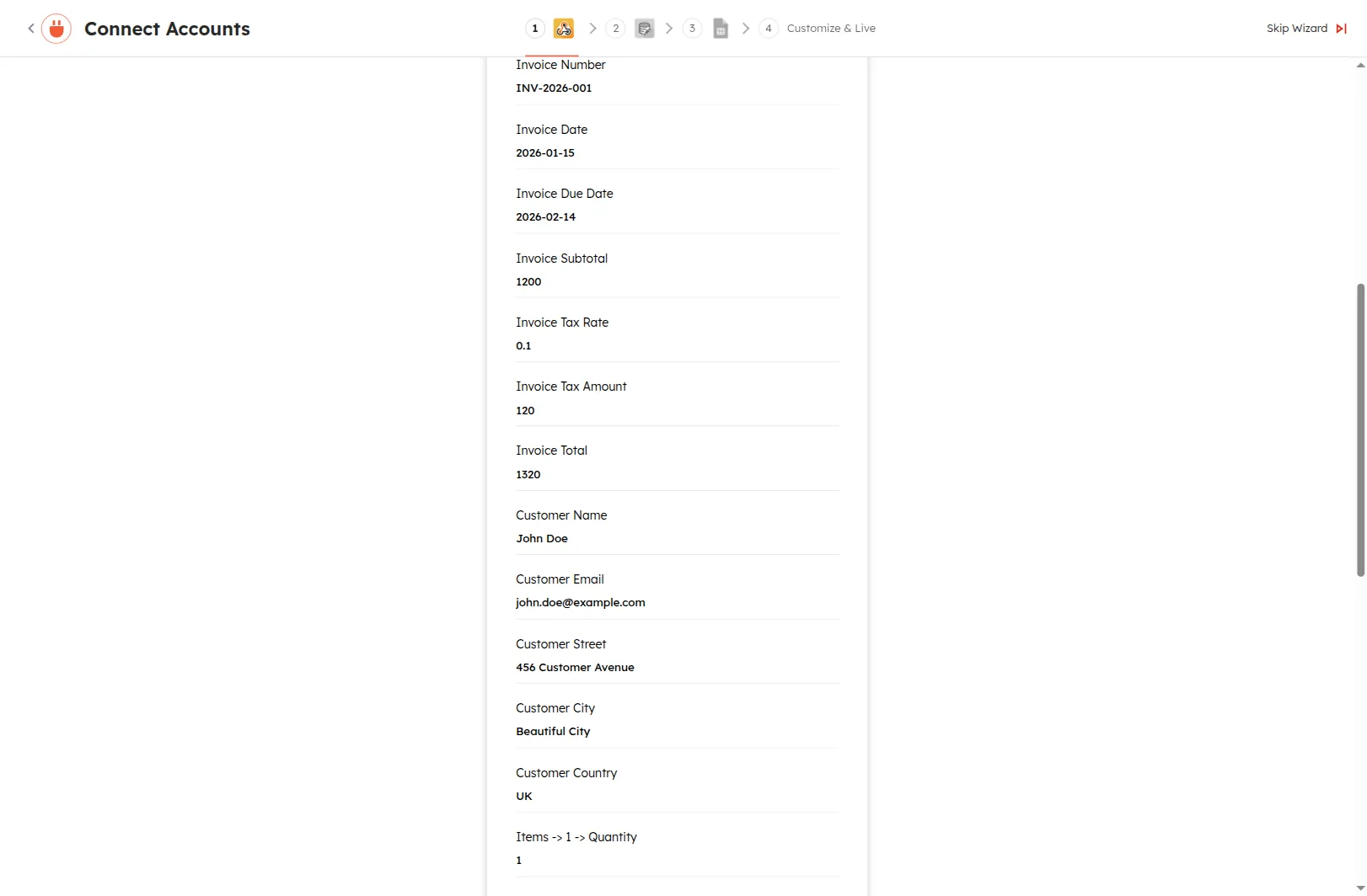 Integrately trigger Options after Get Latest Record, listing the captured invoice fields (Invoice Number, Invoice Date, Subtotal 1200, Customer Name John Doe, …) ready to bind