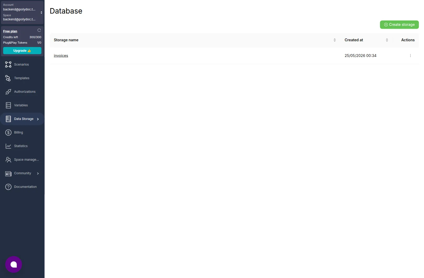Latenode Data Storage → Database list showing the seeded invoices storage