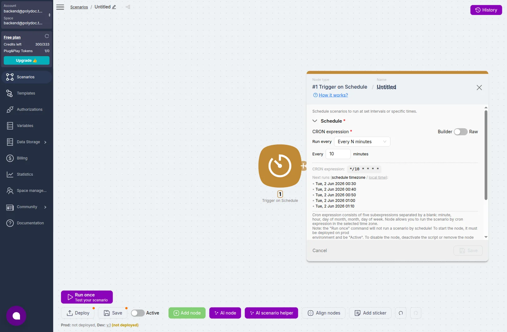 Latenode Schedule trigger configured on a 10-minute interval, with the upcoming-run timestamps listed in the trigger's preview panel