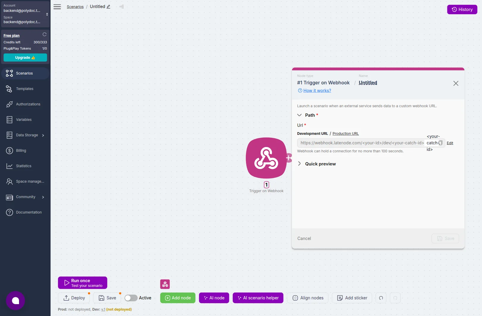 Latenode Webhook trigger node selected, showing the Path → URL field with the catch URL (catch-id redacted) and Development URL / Production URL toggle
