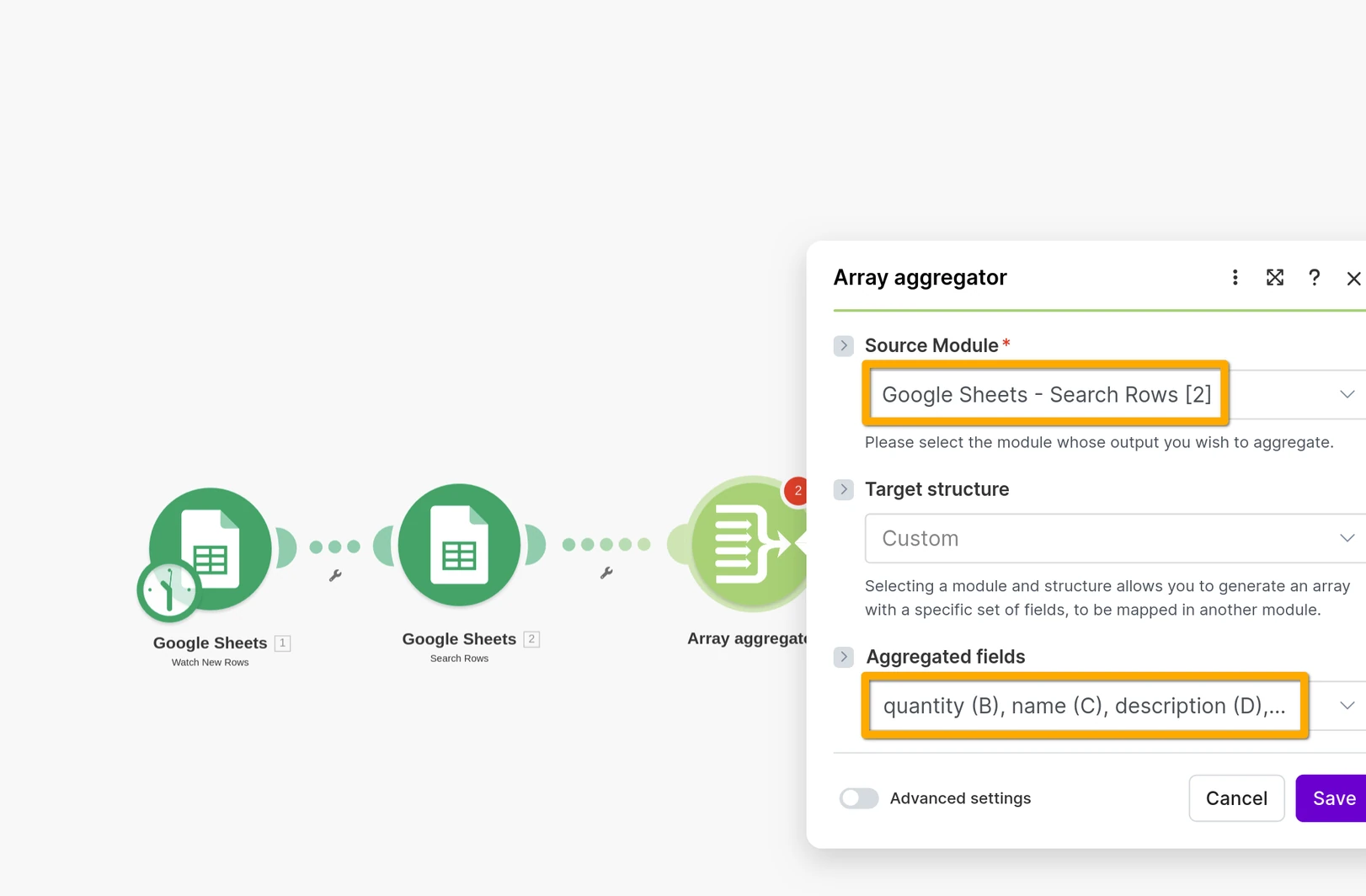 Make.com: add Flow control → Array aggregator after Search Rows.