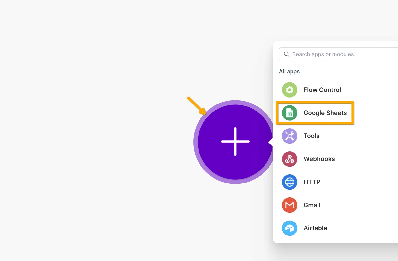Make.com: click the purple plus on the scenario canvas, then pick Google Sheets from the app list.