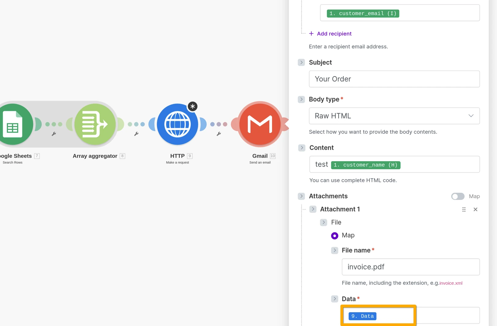 Make.com: add Gmail → Send an email after HTTP.