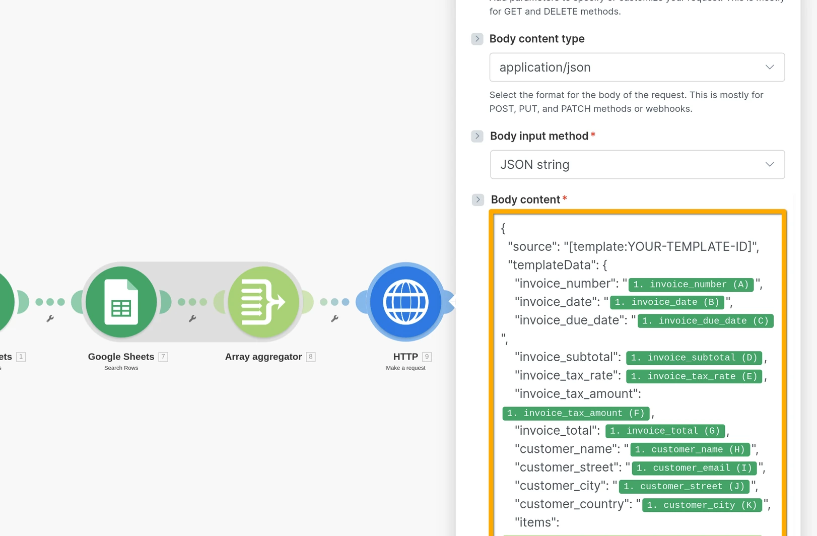 Make.com: add HTTP → Make a request after Array aggregator.