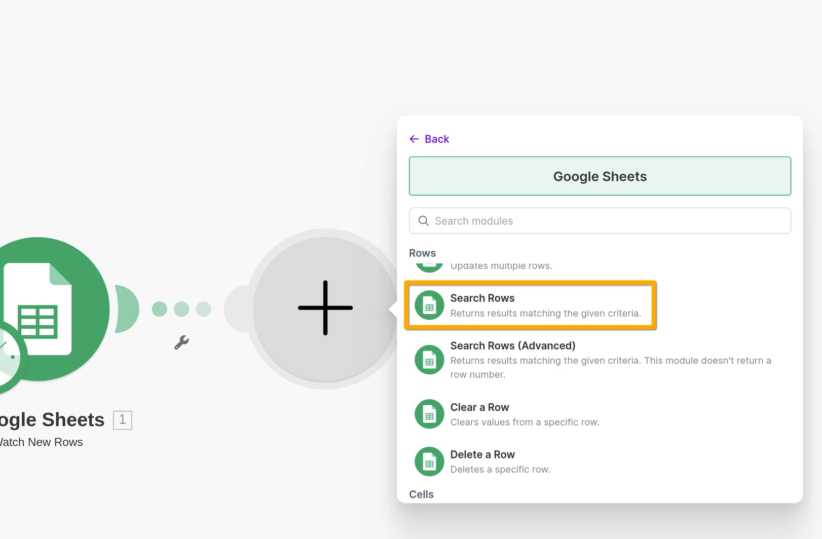 Make.com: add Google Sheets → Search Rows after the trigger.