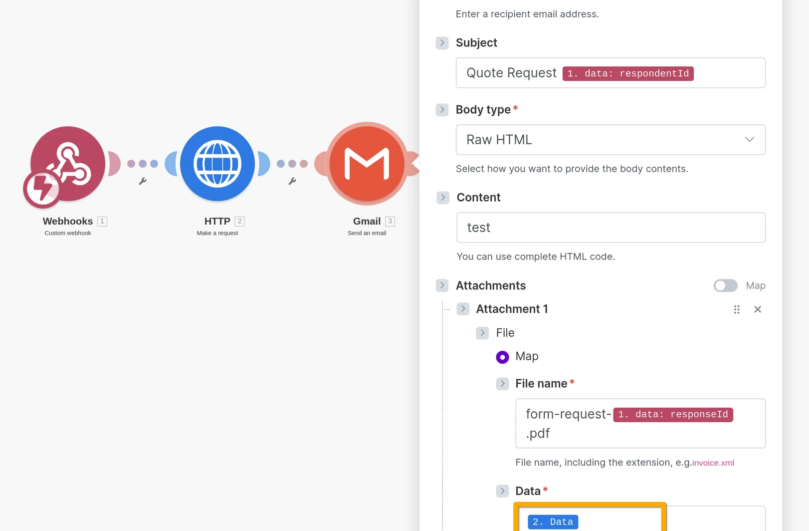 Make.com: add Gmail → Send an email after HTTP.